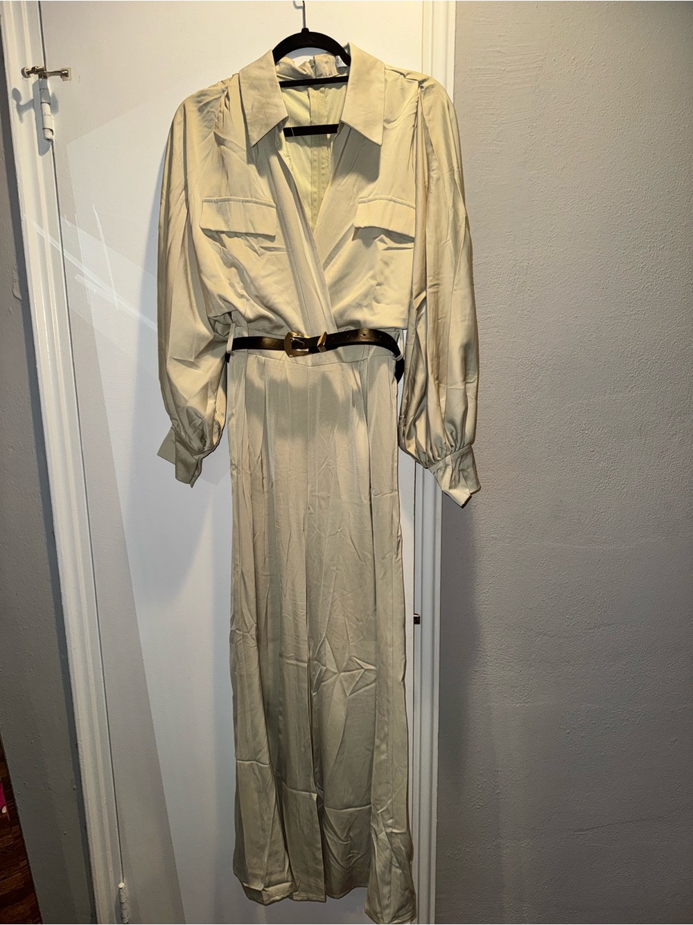 Satin Wide Leg Belted Jumpsuit with Balloon Sleeves NWOT